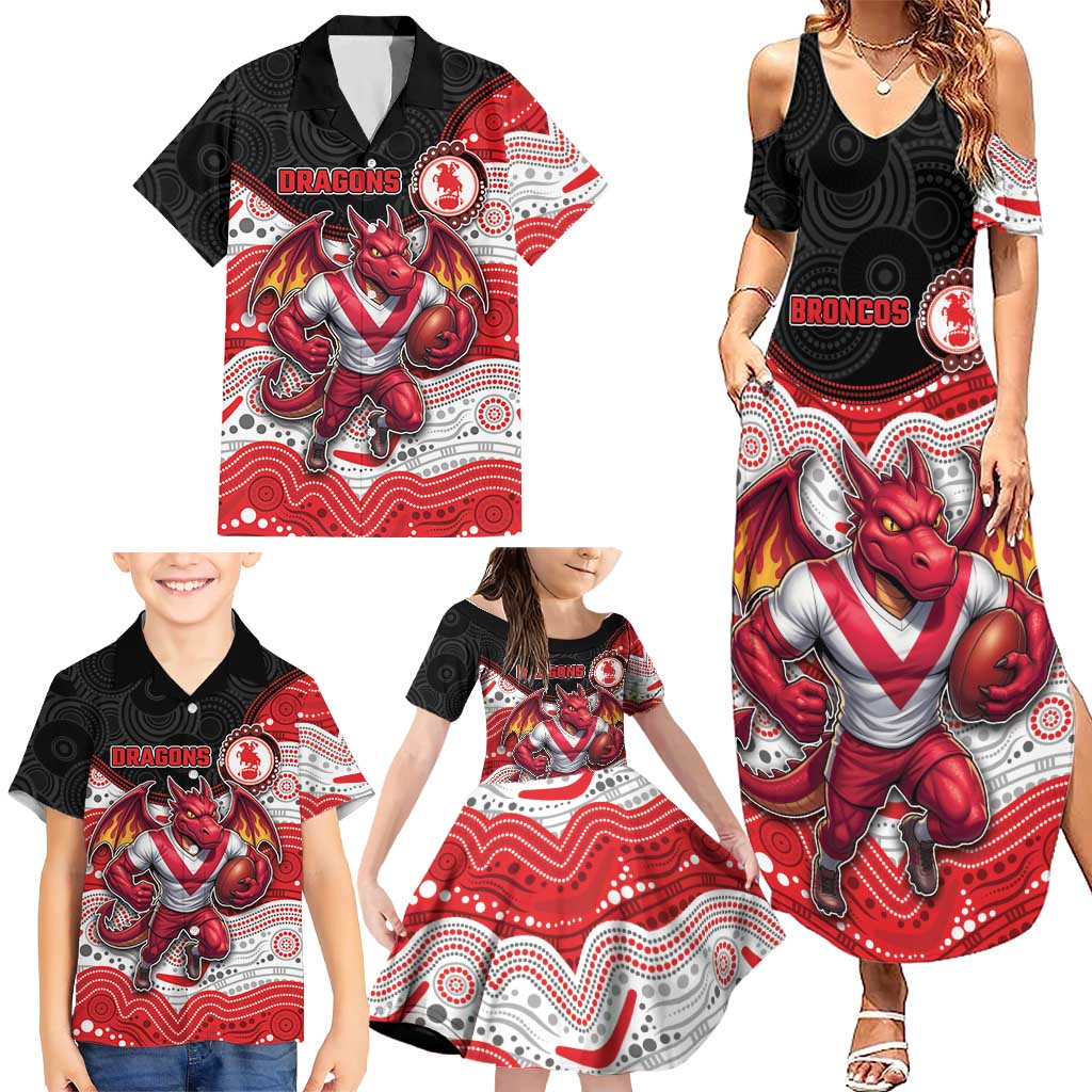 Custom Dragons Family Matching Summer Maxi Dress and Hawaiian Shirt Warrior Mascot With Aboriginal Indigenous