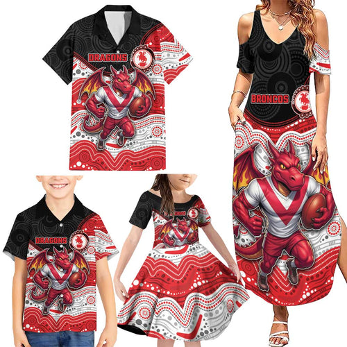 Custom Dragons Family Matching Summer Maxi Dress and Hawaiian Shirt Warrior Mascot With Aboriginal Indigenous