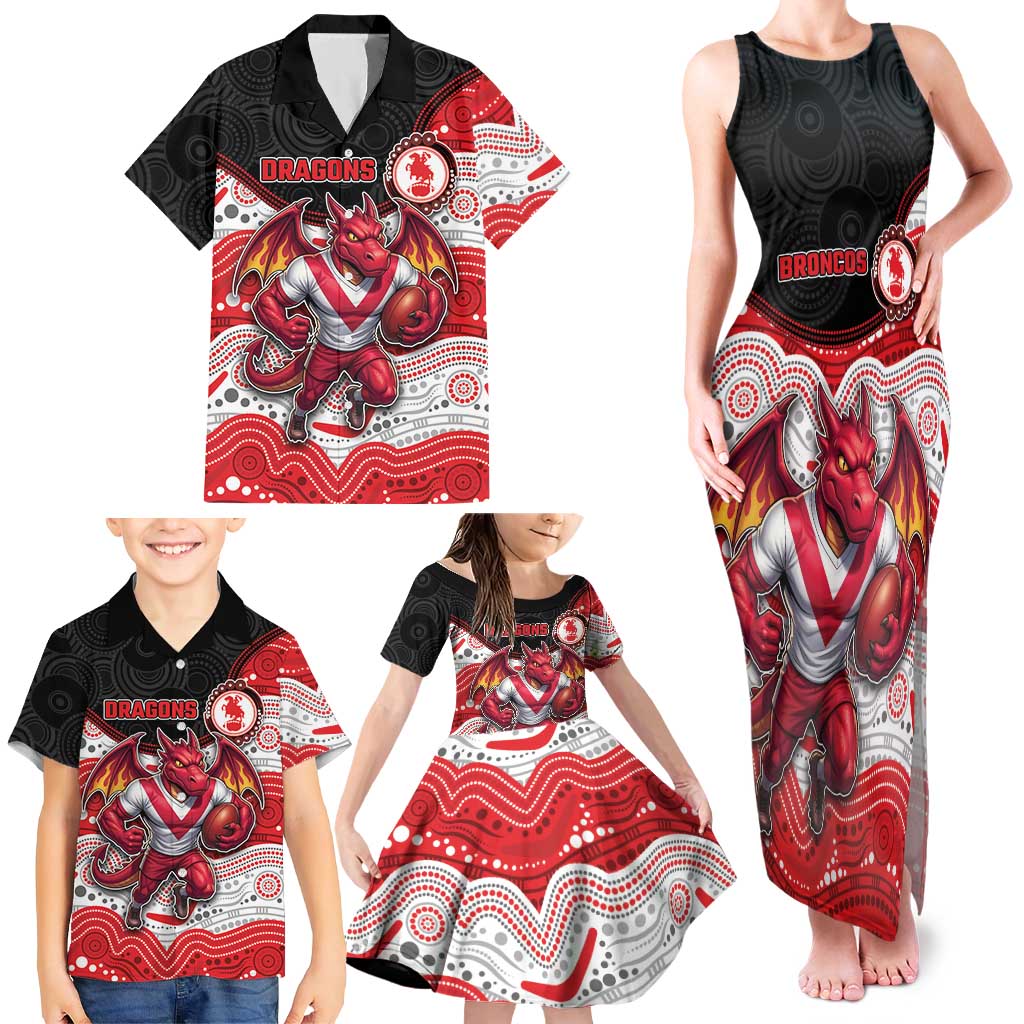 Custom Dragons Family Matching Tank Maxi Dress and Hawaiian Shirt Warrior Mascot With Aboriginal Indigenous
