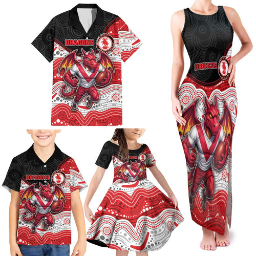 Custom Dragons Family Matching Tank Maxi Dress and Hawaiian Shirt Warrior Mascot With Aboriginal Indigenous