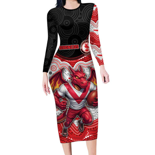 Custom Dragons Long Sleeve Bodycon Dress Warrior Mascot With Aboriginal Indigenous