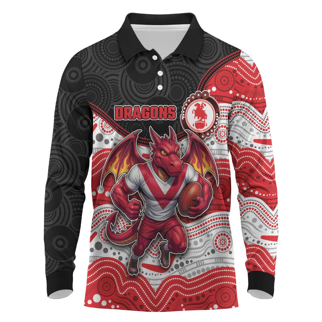 Custom Dragons Long Sleeve Polo Shirt Warrior Mascot With Aboriginal Indigenous