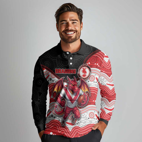 Custom Dragons Long Sleeve Polo Shirt Warrior Mascot With Aboriginal Indigenous