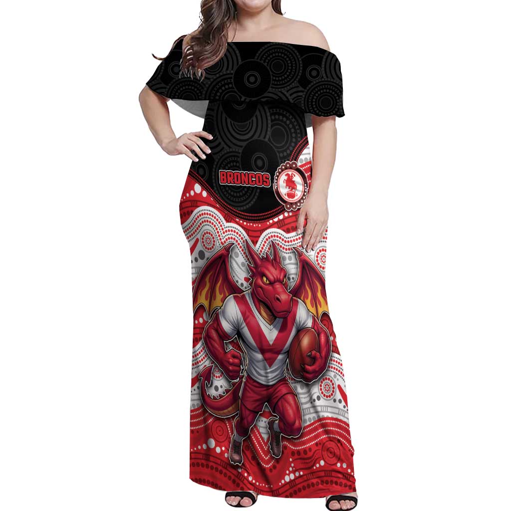 Custom Dragons Off Shoulder Maxi Dress Warrior Mascot With Aboriginal Indigenous