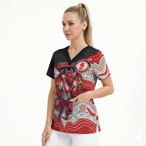 Custom Dragons Scrub Top Warrior Mascot With Aboriginal Indigenous