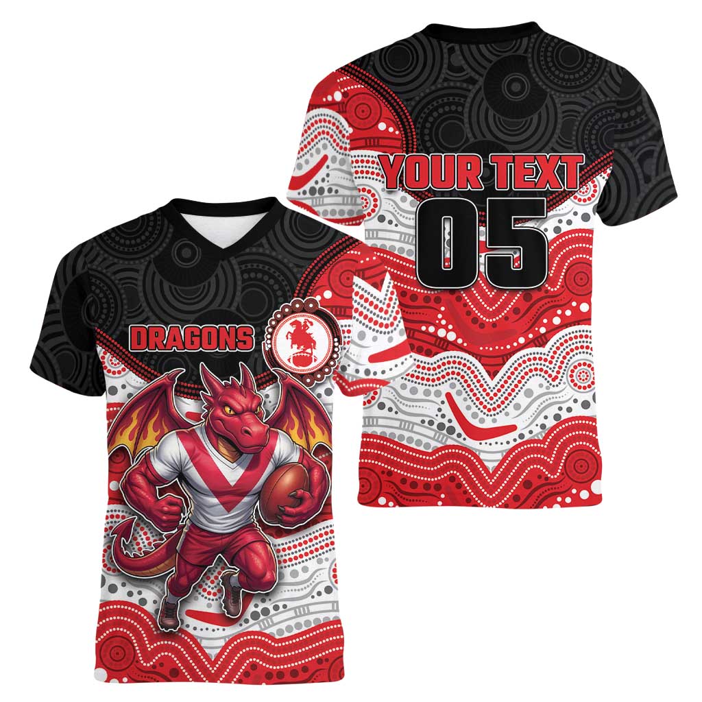 Custom Dragons Women V-Neck T-Shirt Warrior Mascot With Aboriginal Indigenous
