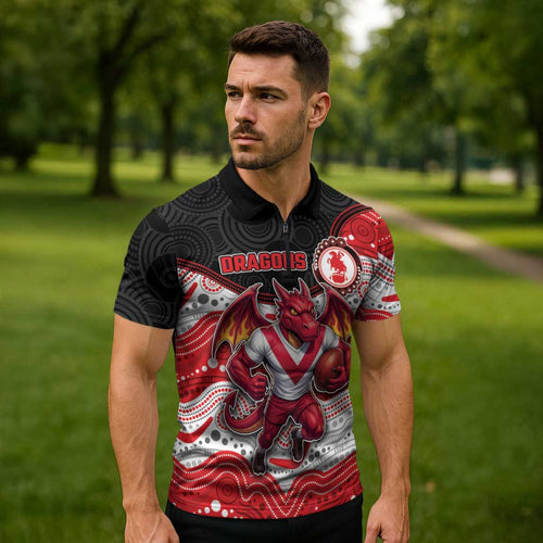 Custom Dragons Zipper Polo Shirt Warrior Mascot With Aboriginal Indigenous