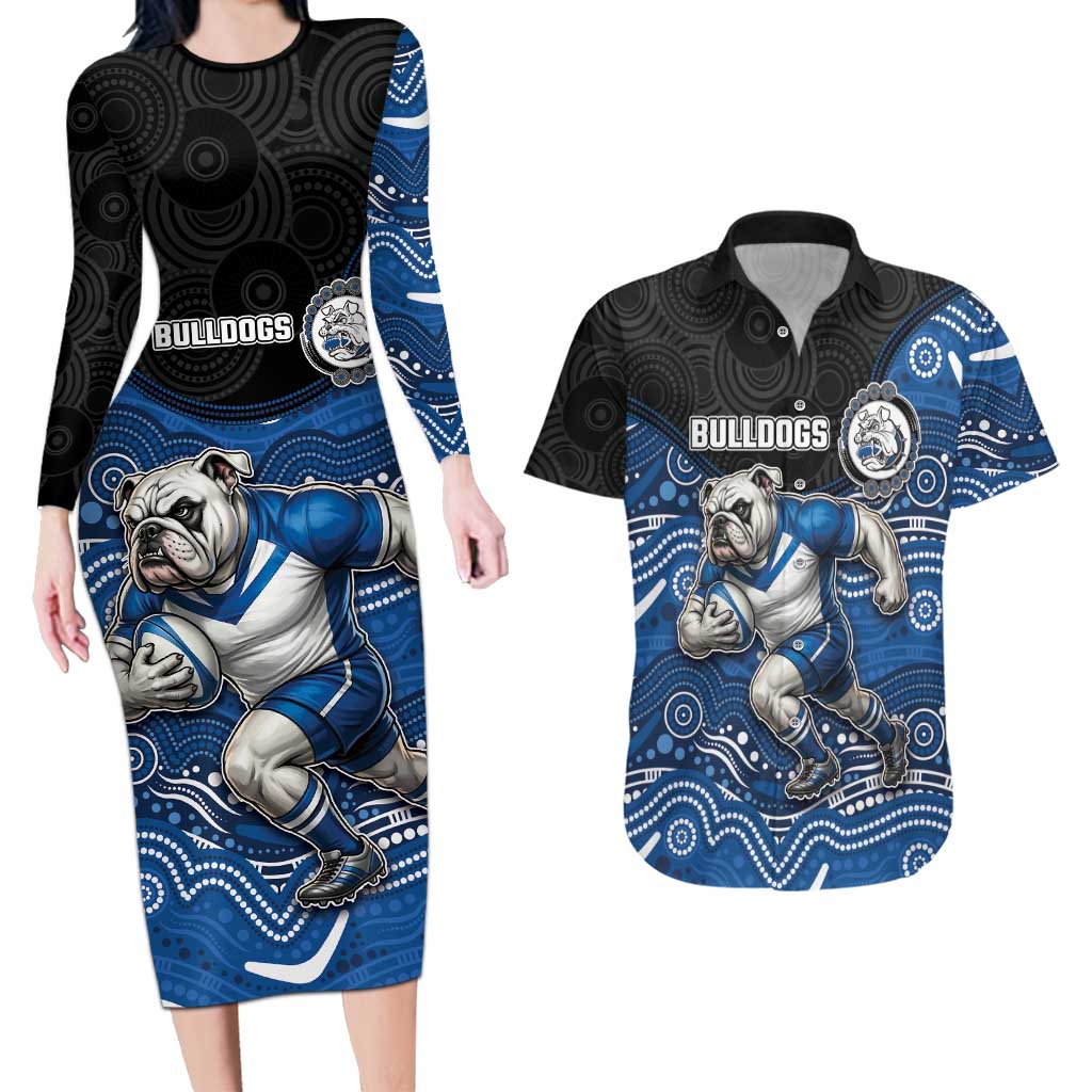 Custom Bulldogs Couples Matching Long Sleeve Bodycon Dress and Hawaiian Shirt Dog Mascot With Aboriginal Indigenous