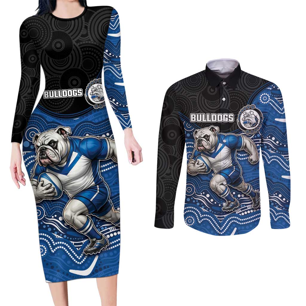 Custom Bulldogs Couples Matching Long Sleeve Bodycon Dress and Long Sleeve Button Shirt Dog Mascot With Aboriginal Indigenous
