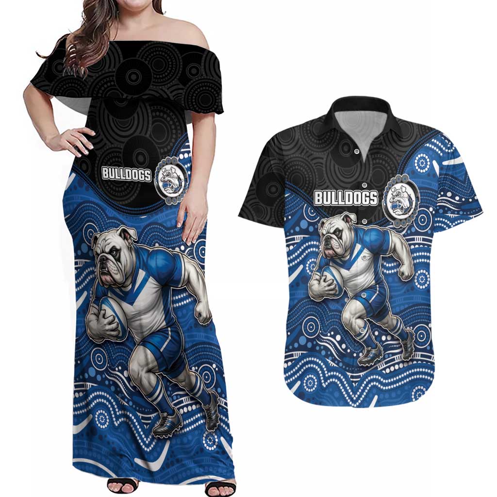 Custom Bulldogs Couples Matching Off Shoulder Maxi Dress and Hawaiian Shirt Dog Mascot With Aboriginal Indigenous