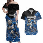Custom Bulldogs Couples Matching Off Shoulder Maxi Dress and Hawaiian Shirt Dog Mascot With Aboriginal Indigenous