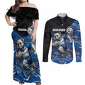 Custom Bulldogs Couples Matching Off Shoulder Maxi Dress and Long Sleeve Button Shirt Dog Mascot With Aboriginal Indigenous