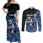 Custom Bulldogs Couples Matching Off Shoulder Maxi Dress and Long Sleeve Button Shirt Dog Mascot With Aboriginal Indigenous