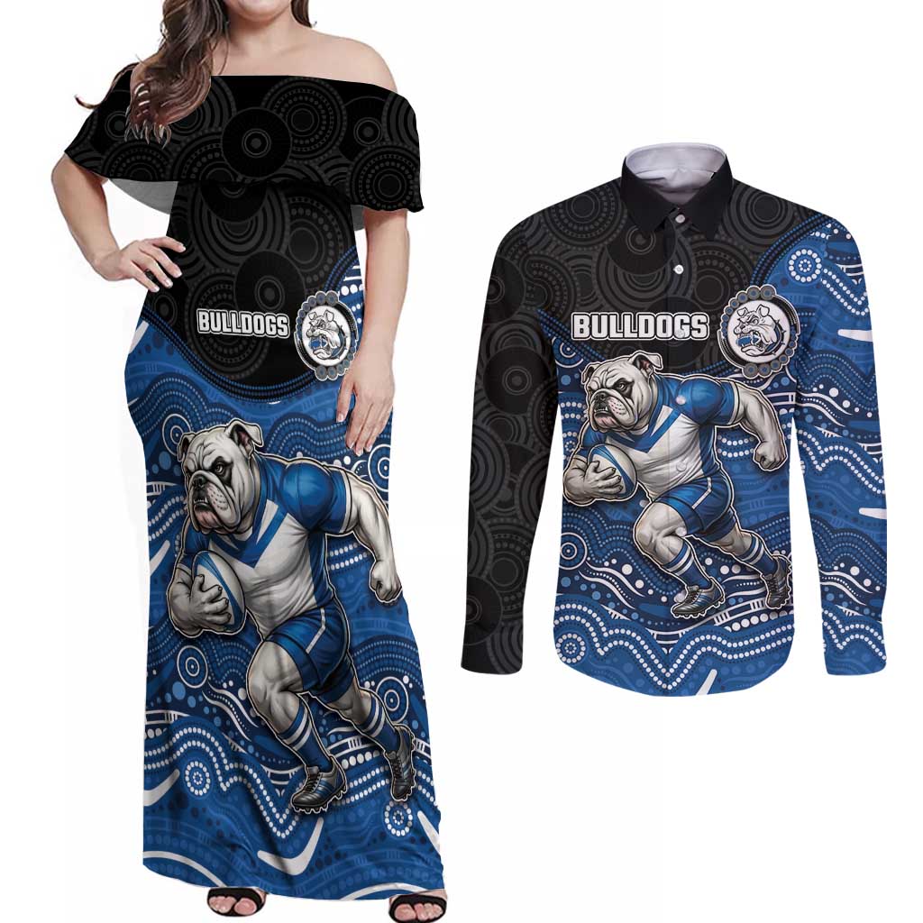 Custom Bulldogs Couples Matching Off Shoulder Maxi Dress and Long Sleeve Button Shirt Dog Mascot With Aboriginal Indigenous