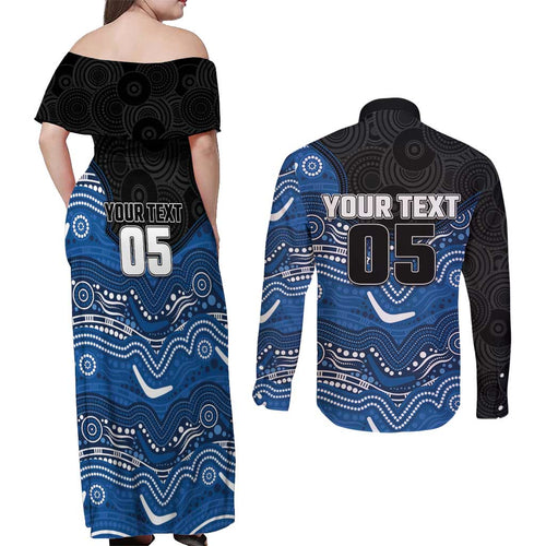 Custom Bulldogs Couples Matching Off Shoulder Maxi Dress and Long Sleeve Button Shirt Dog Mascot With Aboriginal Indigenous