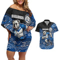 Custom Bulldogs Couples Matching Off Shoulder Short Dress and Hawaiian Shirt Dog Mascot With Aboriginal Indigenous
