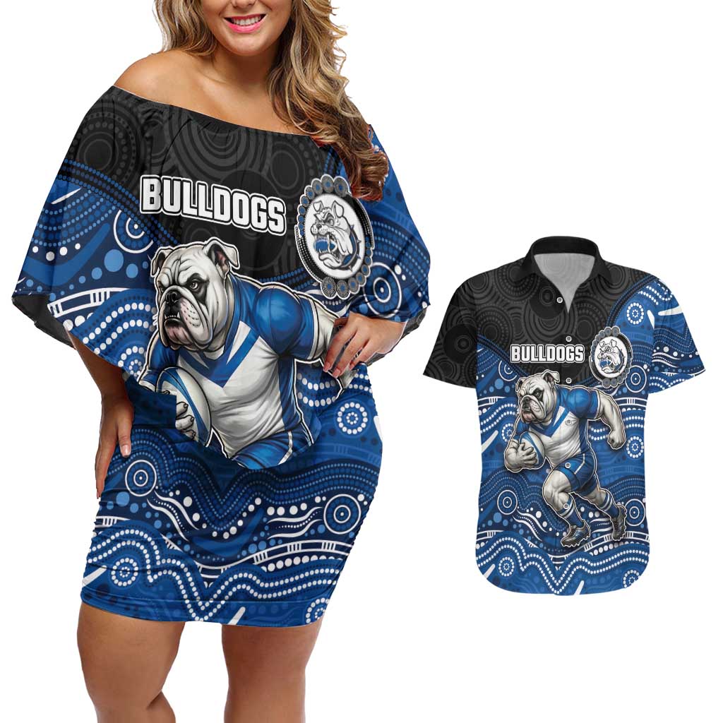Custom Bulldogs Couples Matching Off Shoulder Short Dress and Hawaiian Shirt Dog Mascot With Aboriginal Indigenous