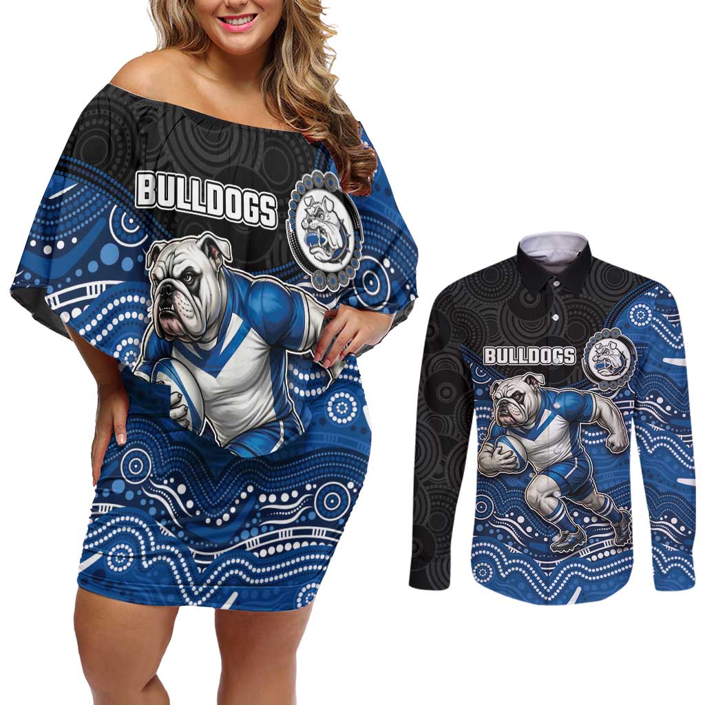 Custom Bulldogs Couples Matching Off Shoulder Short Dress and Long Sleeve Button Shirt Dog Mascot With Aboriginal Indigenous