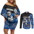 Custom Bulldogs Couples Matching Off Shoulder Short Dress and Long Sleeve Button Shirt Dog Mascot With Aboriginal Indigenous