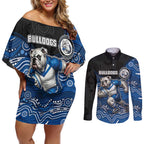 Custom Bulldogs Couples Matching Off Shoulder Short Dress and Long Sleeve Button Shirt Dog Mascot With Aboriginal Indigenous