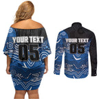 Custom Bulldogs Couples Matching Off Shoulder Short Dress and Long Sleeve Button Shirt Dog Mascot With Aboriginal Indigenous