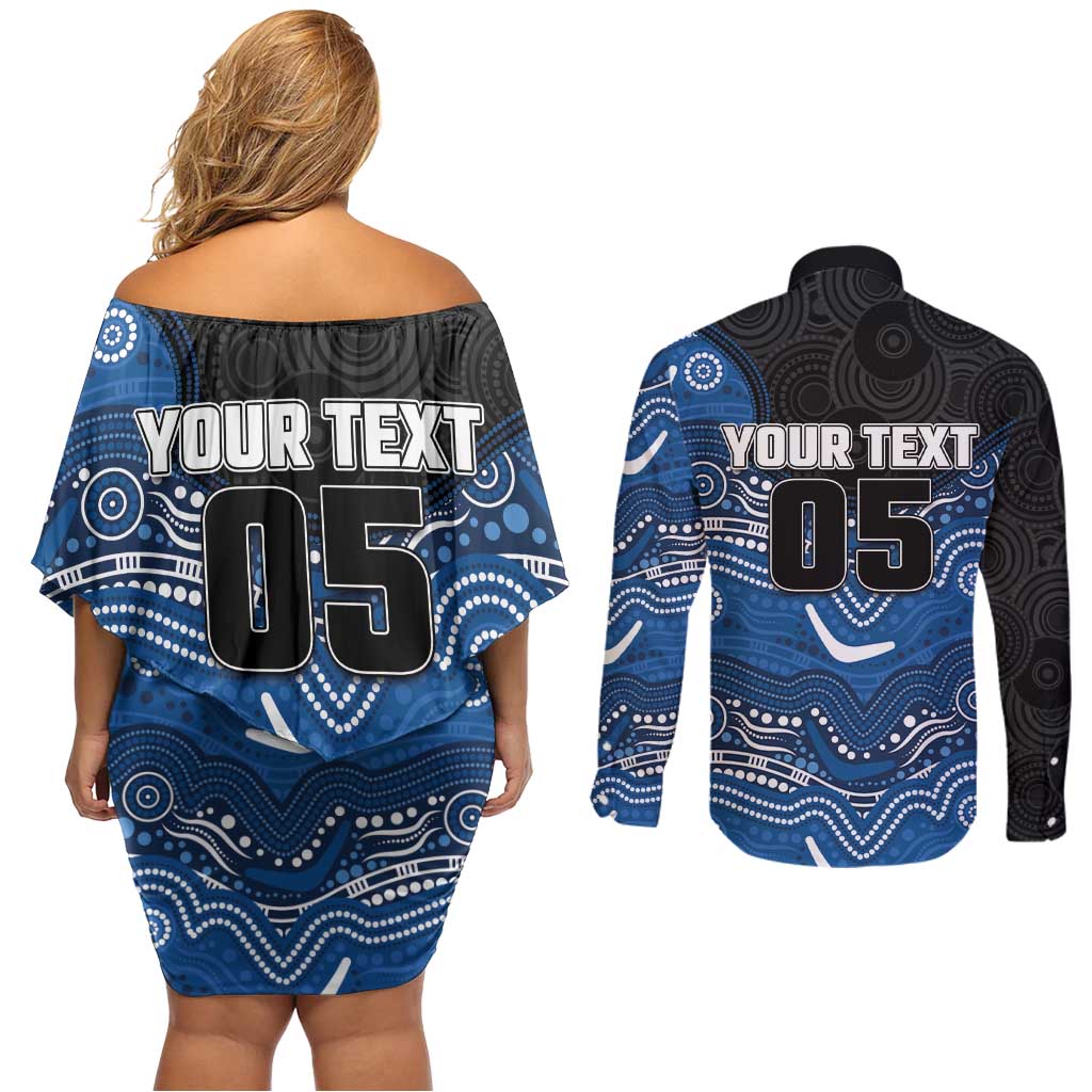 Custom Bulldogs Couples Matching Off Shoulder Short Dress and Long Sleeve Button Shirt Dog Mascot With Aboriginal Indigenous