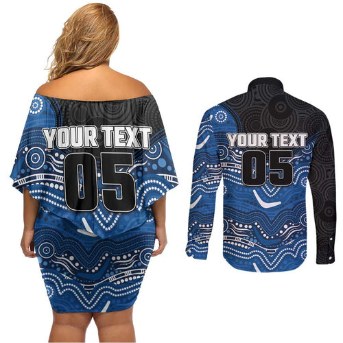Custom Bulldogs Couples Matching Off Shoulder Short Dress and Long Sleeve Button Shirt Dog Mascot With Aboriginal Indigenous