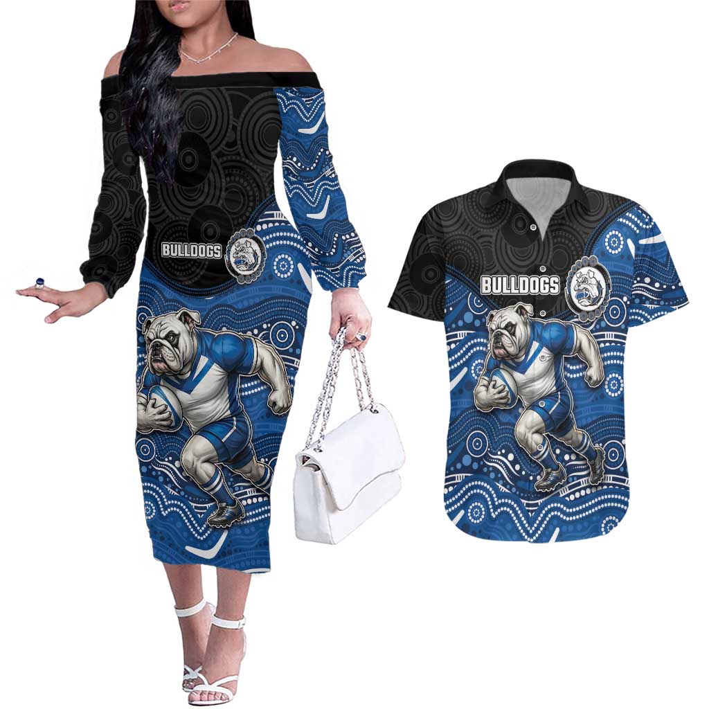 Custom Bulldogs Couples Matching Off The Shoulder Long Sleeve Dress and Hawaiian Shirt Dog Mascot With Aboriginal Indigenous