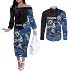 Custom Bulldogs Couples Matching Off The Shoulder Long Sleeve Dress and Long Sleeve Button Shirt Dog Mascot With Aboriginal Indigenous