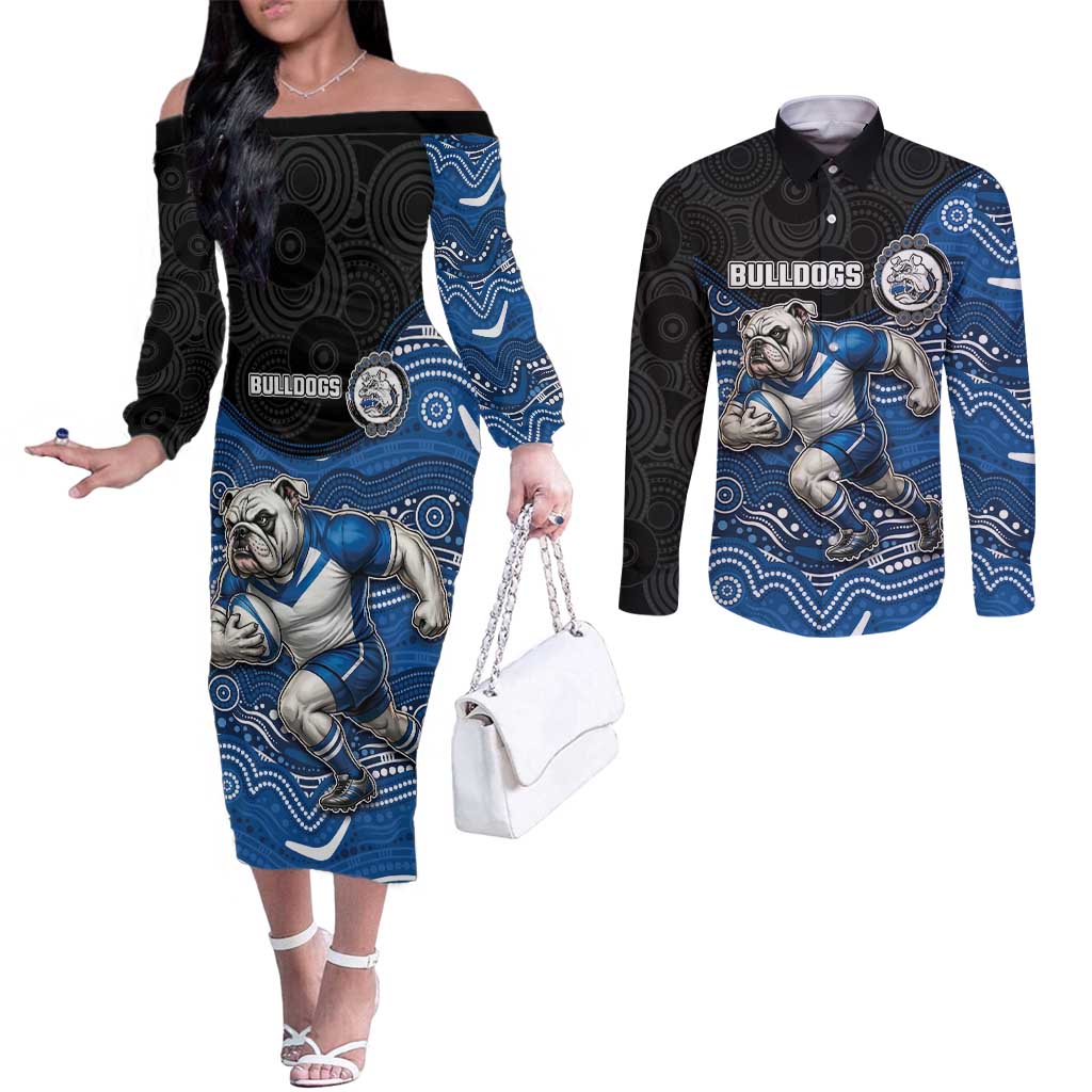 Custom Bulldogs Couples Matching Off The Shoulder Long Sleeve Dress and Long Sleeve Button Shirt Dog Mascot With Aboriginal Indigenous