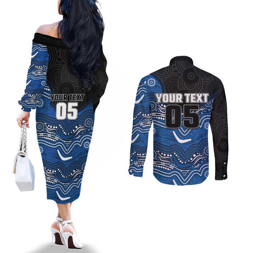 Custom Bulldogs Couples Matching Off The Shoulder Long Sleeve Dress and Long Sleeve Button Shirt Dog Mascot With Aboriginal Indigenous