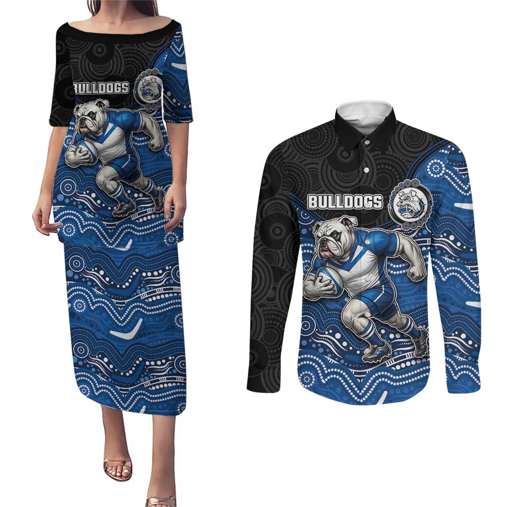 Custom Bulldogs Couples Matching Puletasi and Long Sleeve Button Shirt Dog Mascot With Aboriginal Indigenous