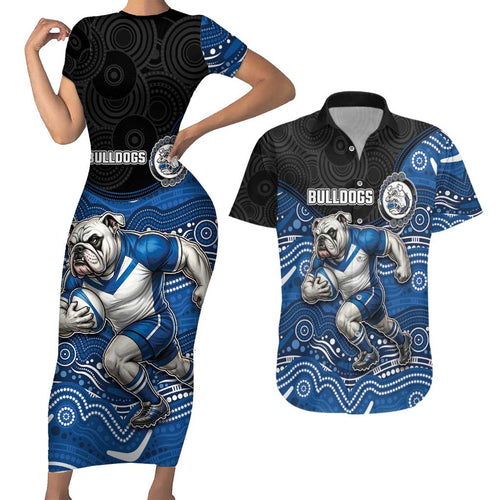 Custom Bulldogs Couples Matching Short Sleeve Bodycon Dress and Hawaiian Shirt Dog Mascot With Aboriginal Indigenous