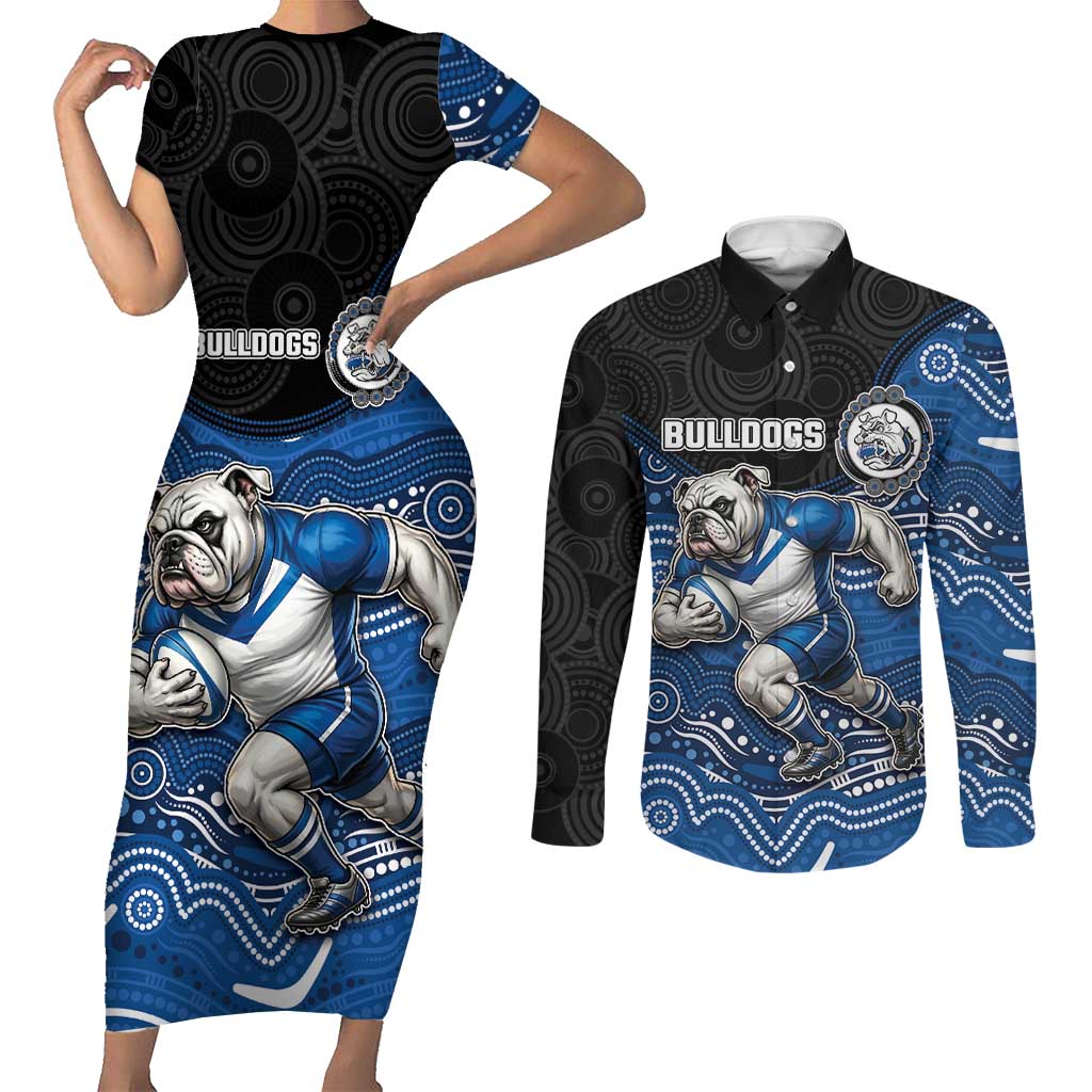 Custom Bulldogs Couples Matching Short Sleeve Bodycon Dress and Long Sleeve Button Shirt Dog Mascot With Aboriginal Indigenous