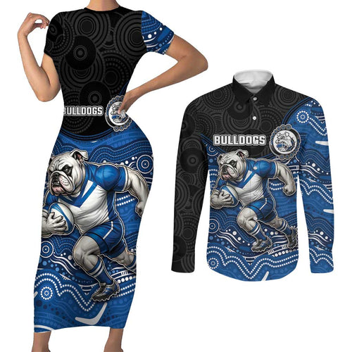 Custom Bulldogs Couples Matching Short Sleeve Bodycon Dress and Long Sleeve Button Shirt Dog Mascot With Aboriginal Indigenous