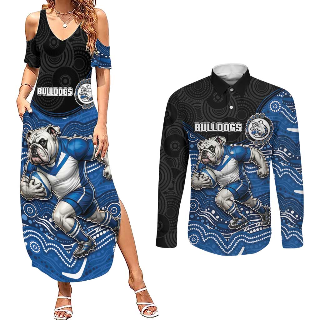 Custom Bulldogs Couples Matching Summer Maxi Dress and Long Sleeve Button Shirt Dog Mascot With Aboriginal Indigenous