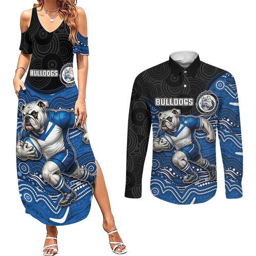 Custom Bulldogs Couples Matching Summer Maxi Dress and Long Sleeve Button Shirt Dog Mascot With Aboriginal Indigenous