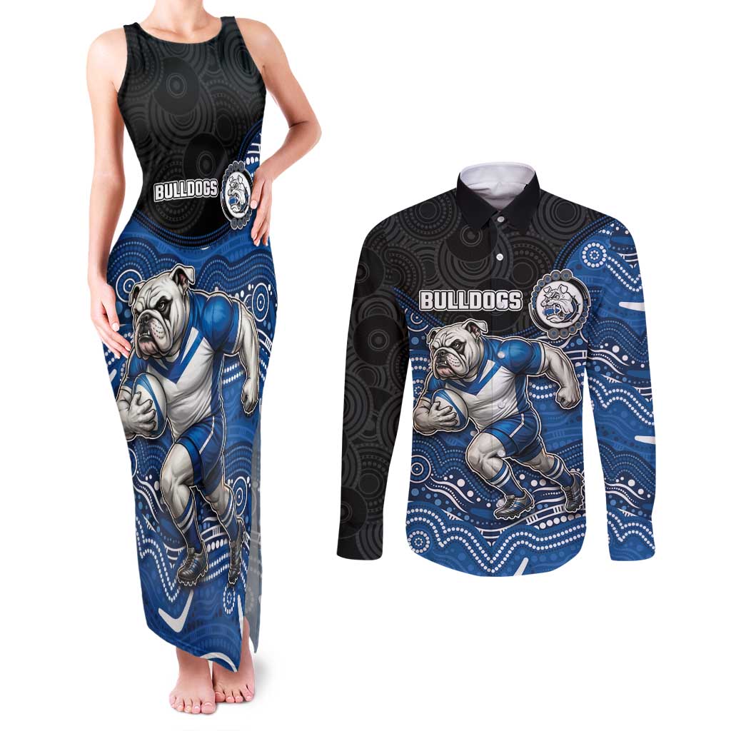 Custom Bulldogs Couples Matching Tank Maxi Dress and Long Sleeve Button Shirt Dog Mascot With Aboriginal Indigenous