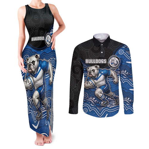 Custom Bulldogs Couples Matching Tank Maxi Dress and Long Sleeve Button Shirt Dog Mascot With Aboriginal Indigenous
