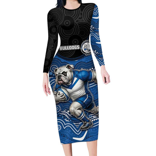 Custom Bulldogs Family Matching Long Sleeve Bodycon Dress and Hawaiian Shirt Dog Mascot With Aboriginal Indigenous