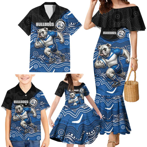 Custom Bulldogs Family Matching Mermaid Dress and Hawaiian Shirt Dog Mascot With Aboriginal Indigenous