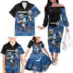 Custom Bulldogs Family Matching Off The Shoulder Long Sleeve Dress and Hawaiian Shirt Dog Mascot With Aboriginal Indigenous