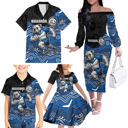 Custom Bulldogs Family Matching Off The Shoulder Long Sleeve Dress and Hawaiian Shirt Dog Mascot With Aboriginal Indigenous