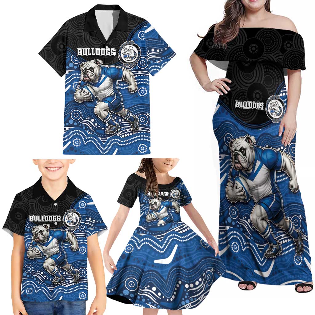 Custom Bulldogs Family Matching Off Shoulder Maxi Dress and Hawaiian Shirt Dog Mascot With Aboriginal Indigenous