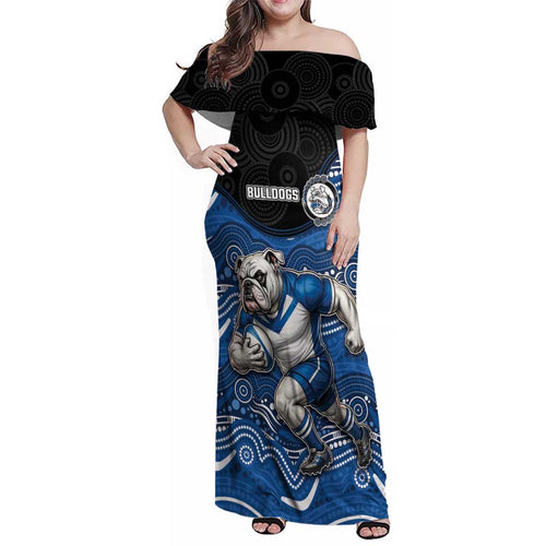 Custom Bulldogs Family Matching Off Shoulder Maxi Dress and Hawaiian Shirt Dog Mascot With Aboriginal Indigenous