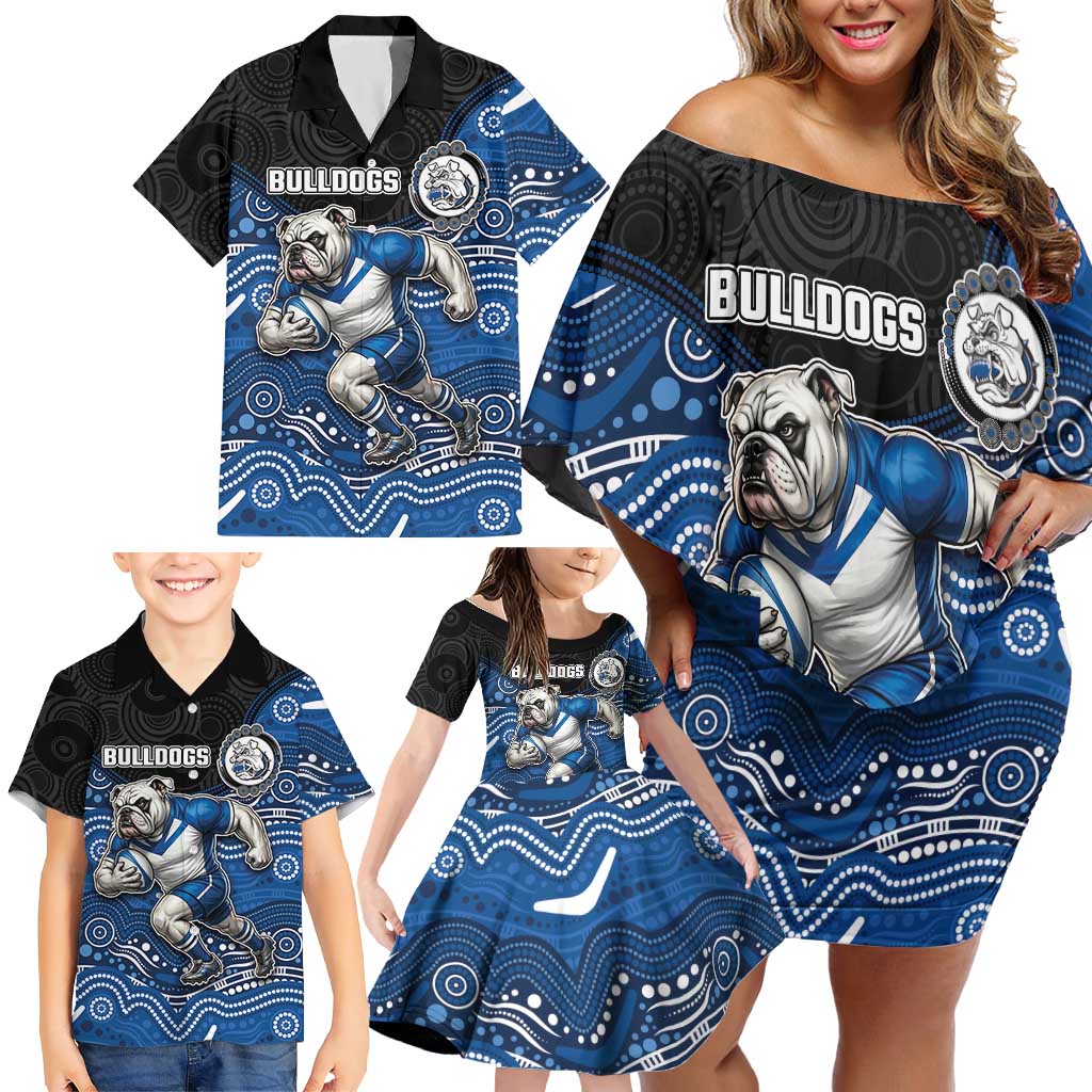 Custom Bulldogs Family Matching Off Shoulder Short Dress and Hawaiian Shirt Dog Mascot With Aboriginal Indigenous