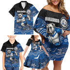 Custom Bulldogs Family Matching Off Shoulder Short Dress and Hawaiian Shirt Dog Mascot With Aboriginal Indigenous