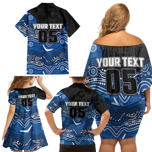 Custom Bulldogs Family Matching Off Shoulder Short Dress and Hawaiian Shirt Dog Mascot With Aboriginal Indigenous