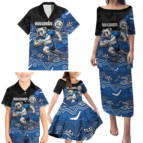 Custom Bulldogs Family Matching Puletasi and Hawaiian Shirt Dog Mascot With Aboriginal Indigenous