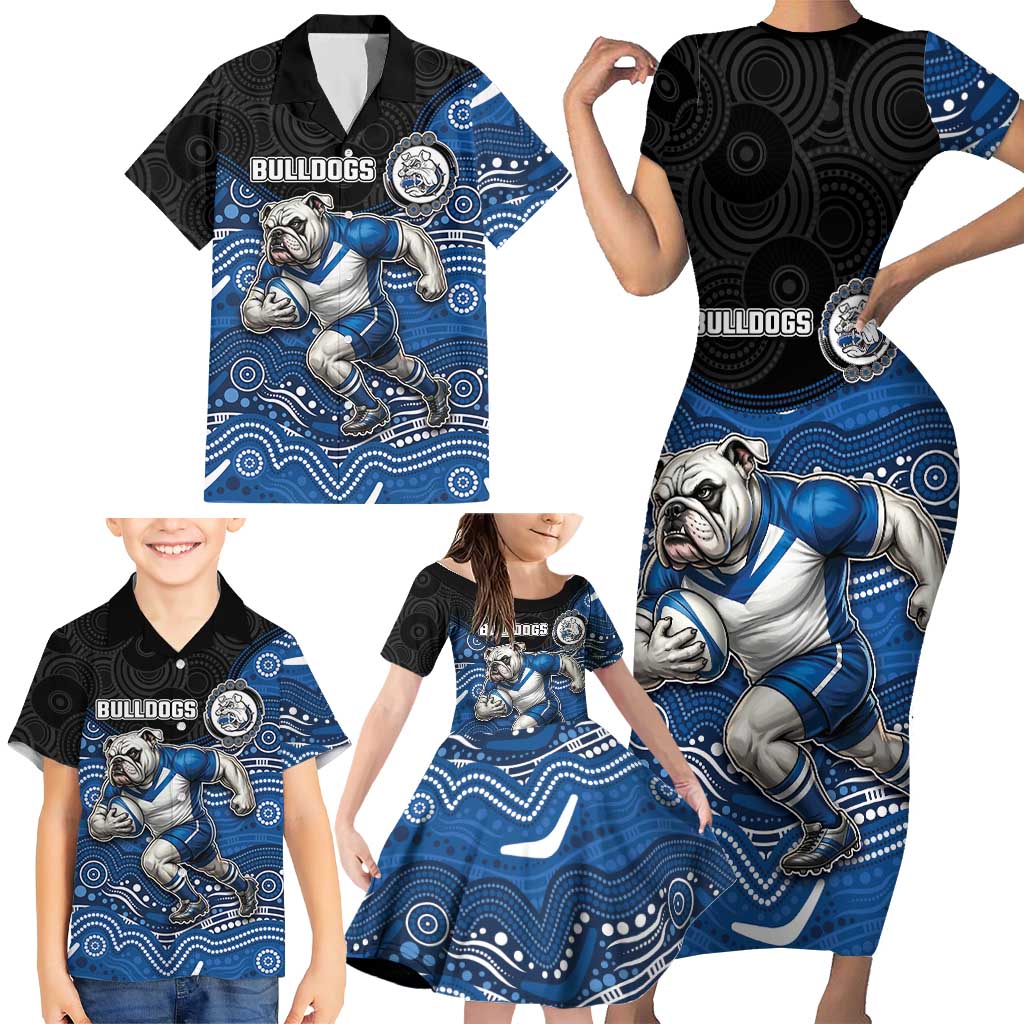 Custom Bulldogs Family Matching Short Sleeve Bodycon Dress and Hawaiian Shirt Dog Mascot With Aboriginal Indigenous